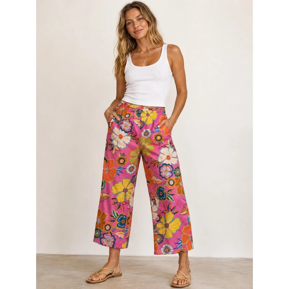 Anthropologie Pink Floral Wide Leg Cropped Pants Elastic Waist Pockets Size M